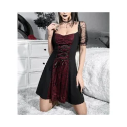 Dark Punk Tie Square Neck Mesh See-Through Short-Sleeved Dress Wholesale Dresses N4623071300007