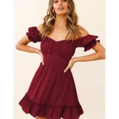 Solid Color Puff Sleeve Ruffles Off Shoulder Tied Rope Vacation Dress Wholesale Dresses SD203764 -Amour Vert shop 7a5e8648 97e9 4b87 acb1 72365695292b 713C54D6F1FB9541F952BEEF61B5D0B8
