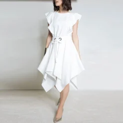 Fashion Square Neck Ruffle Sleeve Dress Solid Color Irregular Wholesale Dresses With Belt SDN560090