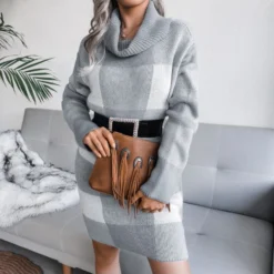 Turtle Neck Plaid Knitted Dress Wholesale Without Belt SD160394 -Amour Vert shop 7e510f10 3ed7 448e aee6 67cbee688f42 B99D16F00831EEB443CA58A078364D3A