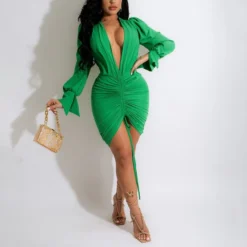 Deep-V Neck Drawstring Pleated Hip Sexy Bodycon Dress Wholesale Dresses SDN535532