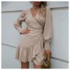 Solid Color V-Neck Tie-Waist Irregular Long Sleeve Ruffled Wrap Dress Wholesale Dresses SDN537256