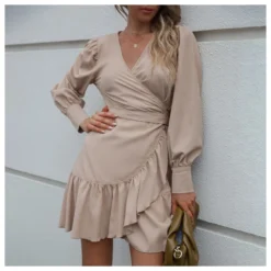 Solid Color V-Neck Tie-Waist Irregular Long Sleeve Ruffled Wrap Dress Wholesale Dresses SDN537256