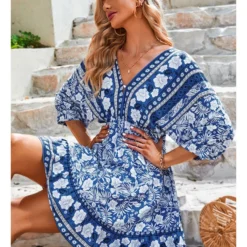 Fashion Print V Neck Swing Dress Casual Loose Backless Lace-Up Short Sleeve Wholesale Dresses -Amour Vert shop 8dc6df04 d922 4213 9a82 f1f59ccc2433 8b37bd6d129a63846645818b344d283c