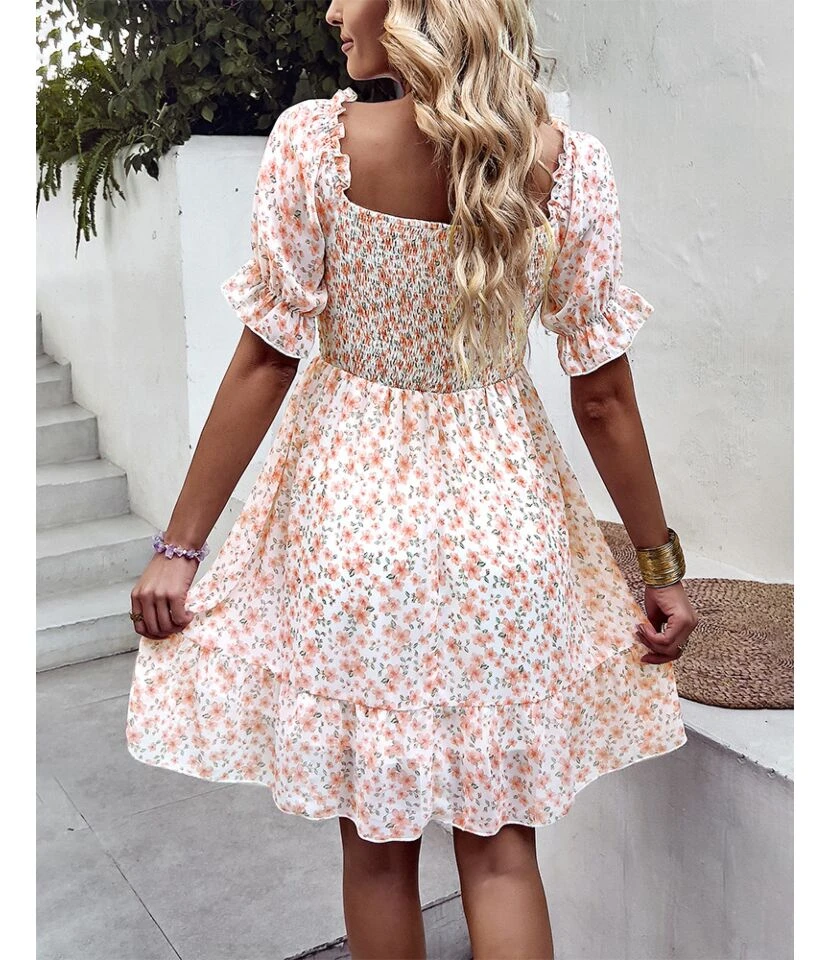 Fashion Chiffon Square Collar Floral Mini Swing Dress Loose High Waist Petal Sleeve Wholesale Dresses SDN560437 6 Fashion Chiffon Square Collar Floral Mini Swing Dress Loose High Waist Petal Sleeve Wholesale Dresses SDN560437 - Image 4