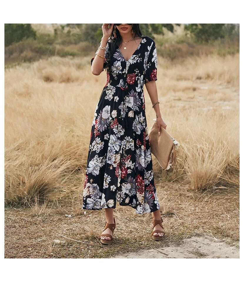 Sexy Deep V Floral Swing Dress Short Sleeve Slim Drawstring High Slit Vacation Wholesale Dresses SDN560326 10 Sexy Deep V Floral Swing Dress Short Sleeve Slim Drawstring High Slit Vacation Wholesale Dresses SDN560326 - Image 8