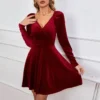 V-Neck Waist A-Line Sexy Velvet Banquet Dress Wholesale Dresses SDN539573