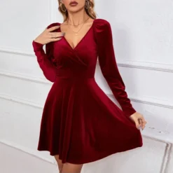 V-Neck Waist A-Line Sexy Velvet Banquet Dress Wholesale Dresses SDN539573