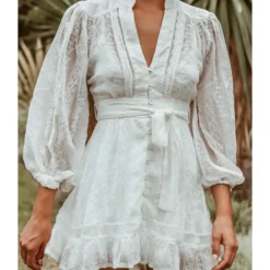 V Neck Solid Color Long Sleeve Ruffles Lace Swing Dress Chic Vacation Wholesale Dresses SD531768 -Amour Vert shop 96538b58 7f8c 46f7 aedc 3f4137b89166 6b76ebea60ccdde55c44718774d93f77