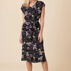 Cindra Washable Silk Midi Dress - French Jardin Black