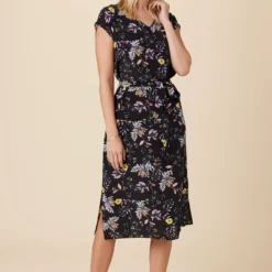 Cindra Washable Silk Midi Dress - French Jardin Black -Amour Vert shop 9674R1 Cindra French Jardin Black 5