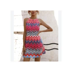 Geometric Print Round Neck Sleeveless Nipped Waist A-Line Resort Dress Fashion Wholesale Dresses SDN533122