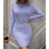 Stylish Inter-Colour Striped Round Neck Mid-Length Knitted Dress Wholesale Dresses N5923082600024