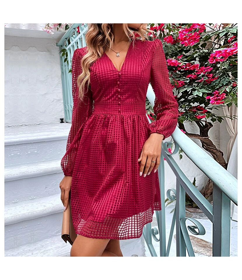 Temperament Low Cut Grid Stitching Slim Solid Color Midi Dress Wholesale Dresses SDV464032 3 Temperament Low Cut Grid Stitching Slim Solid Color Midi Dress Wholesale Dresses SDV464032