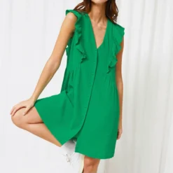V-Neck Button-Down Ruffled Paneled Casual Sleeveless Dress Wholesale Dresses SDV463813