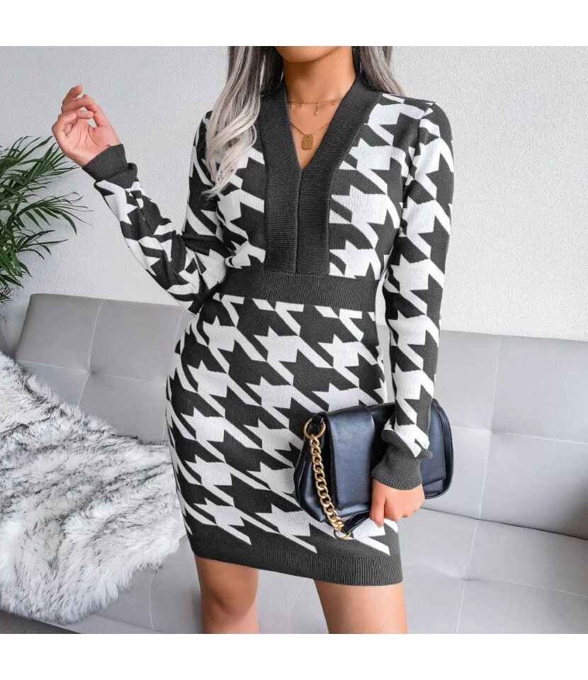 Knitted Dress Lady Wholesale Houndstooth Fashion SD162182 8 Knitted Dress Lady Wholesale Houndstooth Fashion SD162182 - Image 6