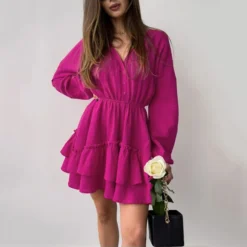 Button-Down Long-Sleeve Commuter Simple Fashion Lantern Sleeve Cake Dress Wholesale Dresses N462023021400186