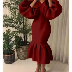 Fashion Solid Color V-Neck Bubble Long Sleeve Fishtail Dress Wholesale Dresses V5923050500012 -Amour Vert shop O1CN011aQoW226UcUd50uMI 4225457665 0 cib 8