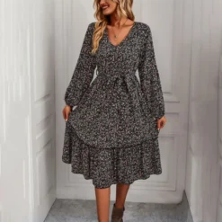 Casual Long-Sleeved Floral Print V-Neck Chiffon Ruffle Dress Wholesale Dresses V5923041200024