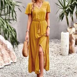 Casual Solid Color Fly Fly Sleeve V-Neck Button High Waist A-Line Dress Wholesale Dresses V5923050300046 -Amour Vert shop O1CN013G7yNq1wuayIqjX69 3267756368 0 cib