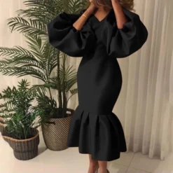 Fashion Solid Color V-Neck Bubble Long Sleeve Fishtail Dress Wholesale Dresses V5923050500012 -Amour Vert shop O1CN013Om1k026Ucc8mwLiI 4225457665 0 cib 8