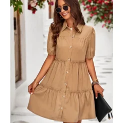 Solid Color Casual Lapel Puff Short Sleeve Smocked Dress Wholesale Dresses N5323032300139 -Amour Vert shop O1CN0148LCQv1ND4kklKkCI 2425141535 0 cib 4