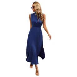 Fashion Sleeveless High Waist Half High Neck Satin Dress Wholesale Dresses V5923050300041