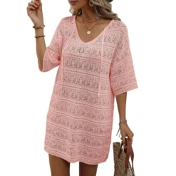 Casual Short-Sleeved V-Neck Hollow Vacation Beach Sunscreen Dress Wholesale Dresses V5923051300042