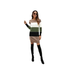 Fashion Colorblocking Wide Stripe Crew Neck Knit Dress Wholesale Dresses N5923053100005