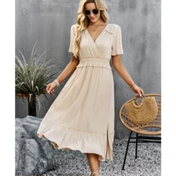 Casual Solid Color V-Neck Waist Open Dress Wholesale Dresses V5923041200009 -Amour Vert shop O1CN0172huvZ1ND4mCYk5bb 2425141535 0 cib