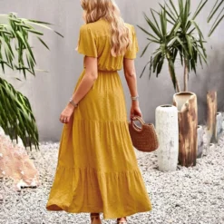 Casual Solid Color Fly Fly Sleeve V-Neck Button High Waist A-Line Dress Wholesale Dresses V5923050300046 -Amour Vert shop O1CN017KAmIN1wuay1yHfxx 3267756368 0 cib