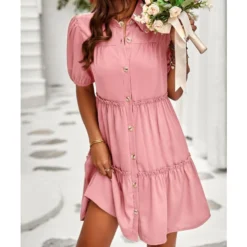 Solid Color Casual Lapel Puff Short Sleeve Smocked Dress Wholesale Dresses N5323032300139 -Amour Vert shop O1CN0186sRG41ND4kmtIxBp 2425141535 0 cib 4