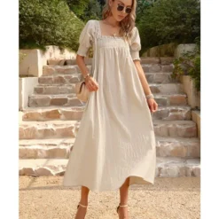 Elegant Flower Petal Sleeve Solid Color Square Neck Long Dress Wholesale Dresses V5923041200032 -Amour Vert shop O1CN01B1kTG91ND4mybRGq9 2425141535 0 cib