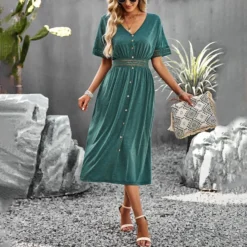 Casual Short-Sleeved Single-Breasted Solid Color V-Neck Long Dress Wholesale Dresses V5923050300060 -Amour Vert shop O1CN01Bq256X1wuaykOor8I 3267756368 0 cib