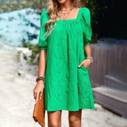 Solid Color Square Collar Puff Sleeve Summer Elegant Hollow Casual Dress Wholesale Dresses N5323030617101 -Amour Vert shop O1CN01CcKeJc1ND4llb9Yt9 2425141535 0 cib 4