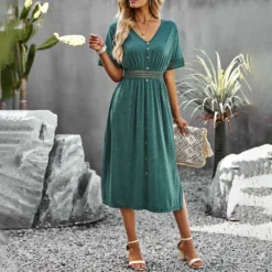 Casual Short-Sleeved Single-Breasted Solid Color V-Neck Long Dress Wholesale Dresses V5923050300060 -Amour Vert shop O1CN01FfVSMA1wuayuGAEHl 3267756368 0 cib