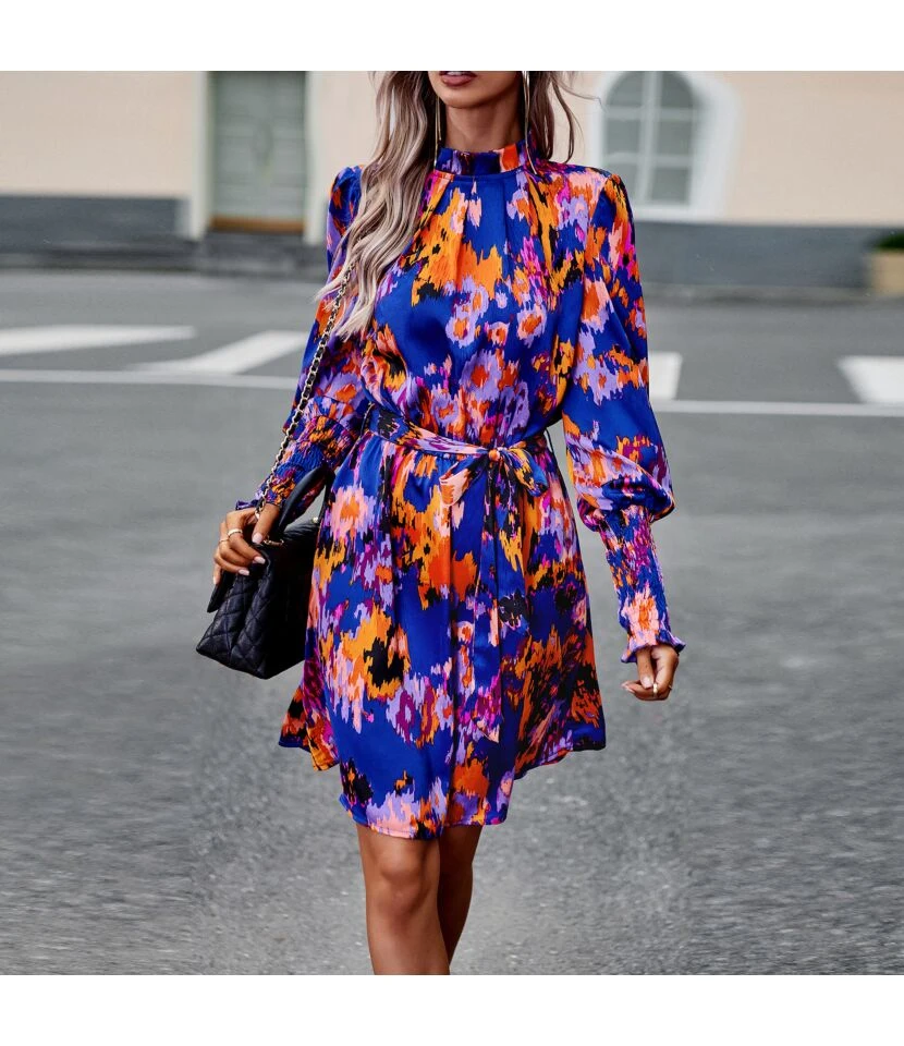 Lantern Sleeve Pleated Print Temperament Elegant Long-Sleeved Dress Wholesale Dresses N4623062500011 3 Lantern Sleeve Pleated Print Temperament Elegant Long-Sleeved Dress Wholesale Dresses N4623062500011