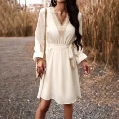 Elegant V-Neck Long Sleeve High Waist Tie Dress Wholesale Dresses N5923082200011