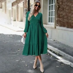 Elegant Solid Color V-Neck Bubble Sleeve Long Dress Wholesale Dresses N5923081800003 -Amour Vert shop O1CN01Gry3kY1ND4pKoFxMg 2425141535 0 cib 4
