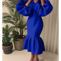 Fashion Solid Color V-Neck Bubble Long Sleeve Fishtail Dress Wholesale Dresses V5923050500012 -Amour Vert shop O1CN01HISBfH26UcUiapeQ8 4225457665 0 cib 8