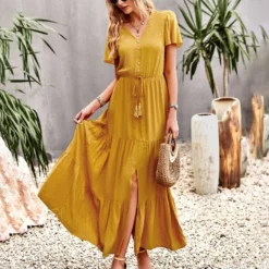 Casual Solid Color Fly Fly Sleeve V-Neck Button High Waist A-Line Dress Wholesale Dresses V5923050300046 -Amour Vert shop O1CN01HlQIlP1wuayBEen0q 3267756368 0 cib