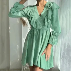 Commuter Ruffled V-Neck Puff Sleeve Solid Color A-Line Dress Wholesale Dresses N463423021400186 -Amour Vert shop O1CN01I8vFqn2GztpLdK1c1 2212501819087 0 cib