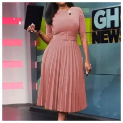 Fashion Solid Color Round Neck Press Pleated Short Sleeve Dress With Belt Wholesale Dresses N5323032800189