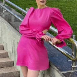 Lantern Sleeve Hollow Solid Color Commuter Niche A-Line Dress Wholesale Dresses N463823021400186