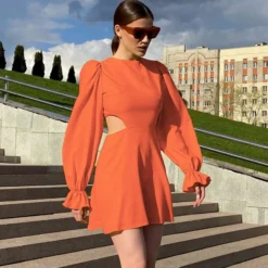 Lantern Sleeve Hollow Solid Color Commuter Niche A-Line Dress Wholesale Dresses N463823021400186 -Amour Vert shop O1CN01JCKizC2GztpKiPPQX 2212501819087 0 cib 3