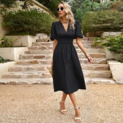 Temperament Short-Sleeved V-Neck Waist-Skimming Solid Color Long Dress Wholesale Dresses V5923041200030 -Amour Vert shop O1CN01PaV2x51ND4mtHi1IM 2425141535 0 cib 4