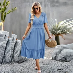 Casual Solid Color V-Neck Waist Open Dress Wholesale Dresses V5923041200009 -Amour Vert shop O1CN01RTrVyX1ND4mLq4gfL 2425141535 0 cib 4