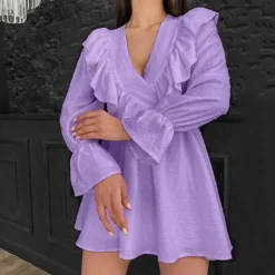 Commuter Ruffled V-Neck Puff Sleeve Solid Color A-Line Dress Wholesale Dresses N463423021400186 -Amour Vert shop O1CN01RVbfbI2GztpLdJM25 2212501819087 0 cib 3