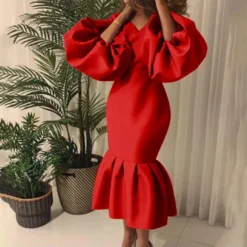 Fashion Solid Color V-Neck Bubble Long Sleeve Fishtail Dress Wholesale Dresses V5923050500012 -Amour Vert shop O1CN01UjNgGK26Ucc9bw327 4225457665 0 cib 8