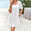 Solid Color Square Collar Puff Sleeve Summer Elegant Hollow Casual Dress Wholesale Dresses N5323030617101